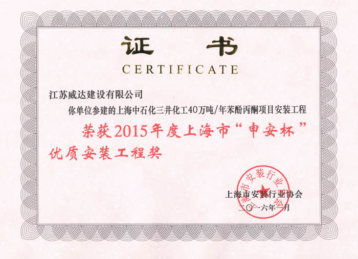 2015年上海市申安杯证书